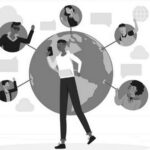 Illustration of a person holding a phone, standing in front of a globe, with five others connected by lines, symbolizing global unified communications and networking.
