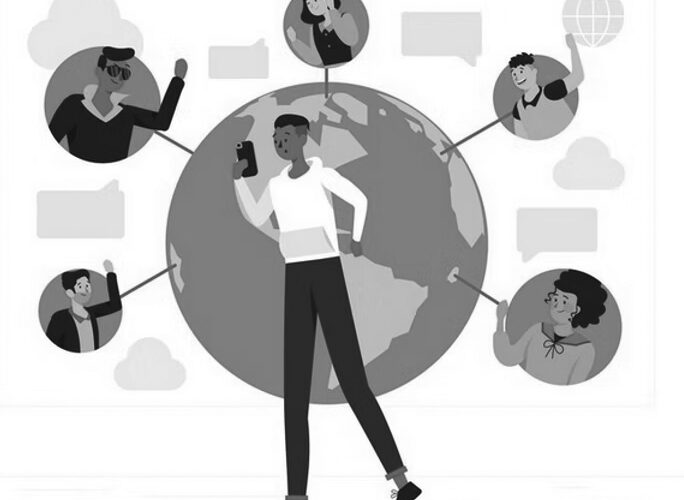 Illustration of a person holding a phone, standing in front of a globe, with five others connected by lines, symbolizing global unified communications and networking.