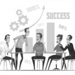 Five people sit around a table discussing. Behind them, bar graphs, gears, and upward arrows labeled with percentages and “SUCCESS” illustrate what to expect from teamwork with a Managed IT Service Provider focused on driving business growth.