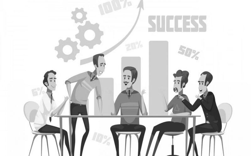 Five people sit around a table discussing. Behind them, bar graphs, gears, and upward arrows labeled with percentages and “SUCCESS” illustrate what to expect from teamwork with a Managed IT Service Provider focused on driving business growth.