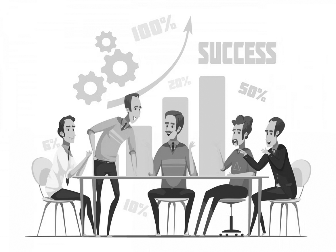 Five people sit around a table discussing. Behind them, bar graphs, gears, and upward arrows labeled with percentages and “SUCCESS” illustrate what to expect from teamwork with a Managed IT Service Provider focused on driving business growth.