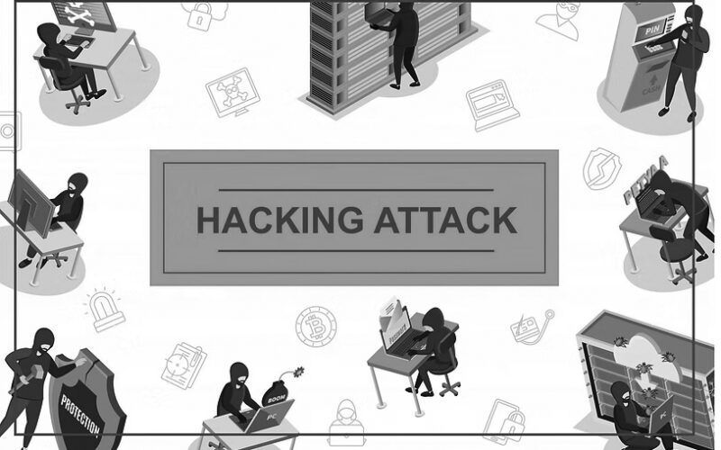 Illustration showing masked hackers at computers stealing data, breaking firewalls, and bypassing security. The words HACKING ATTACK are in the center on a blue background, highlighting the need for essential tools and phishing solutions to protect workforce data.